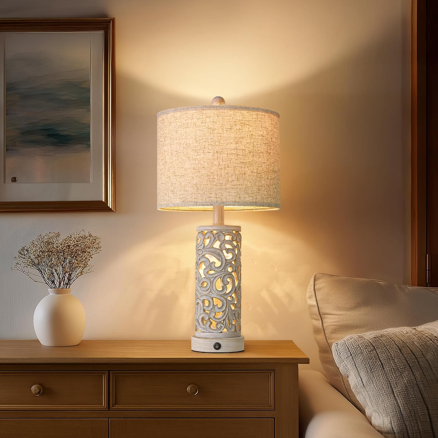OYEARS 22'' Farmhouse Table Lamp for Living Room, Bedside Lamp with 2 USB Ports for Bedroom, Rustic Nightstand Lamp with Linen Lampshade…