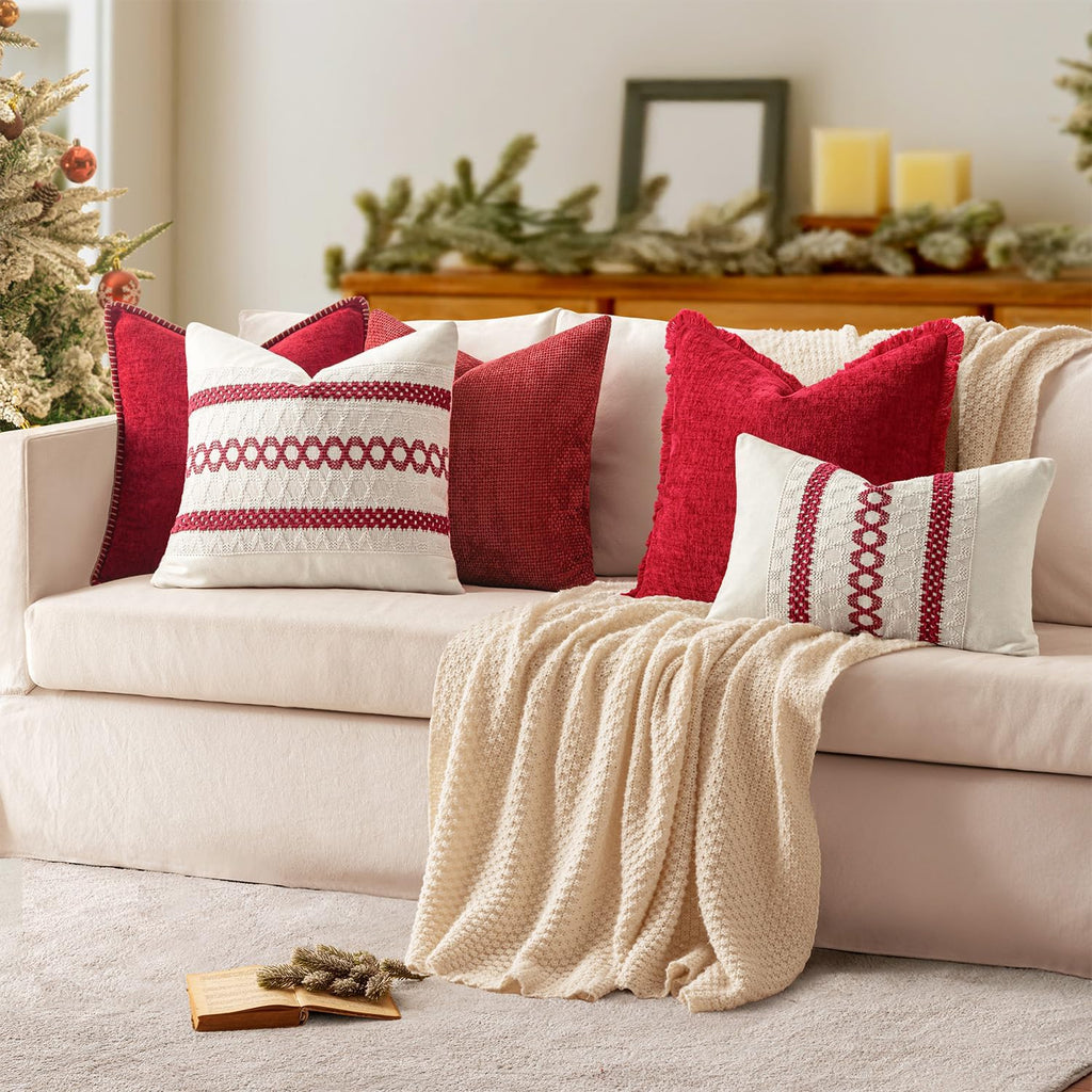 Miulee Pack of 2 Lumbar Throw Pillow Covers 12x20 Inch Red Farmhouse Decorative Pillow Covers with Stitched Edge Soft Chenille Solid Dyed P…