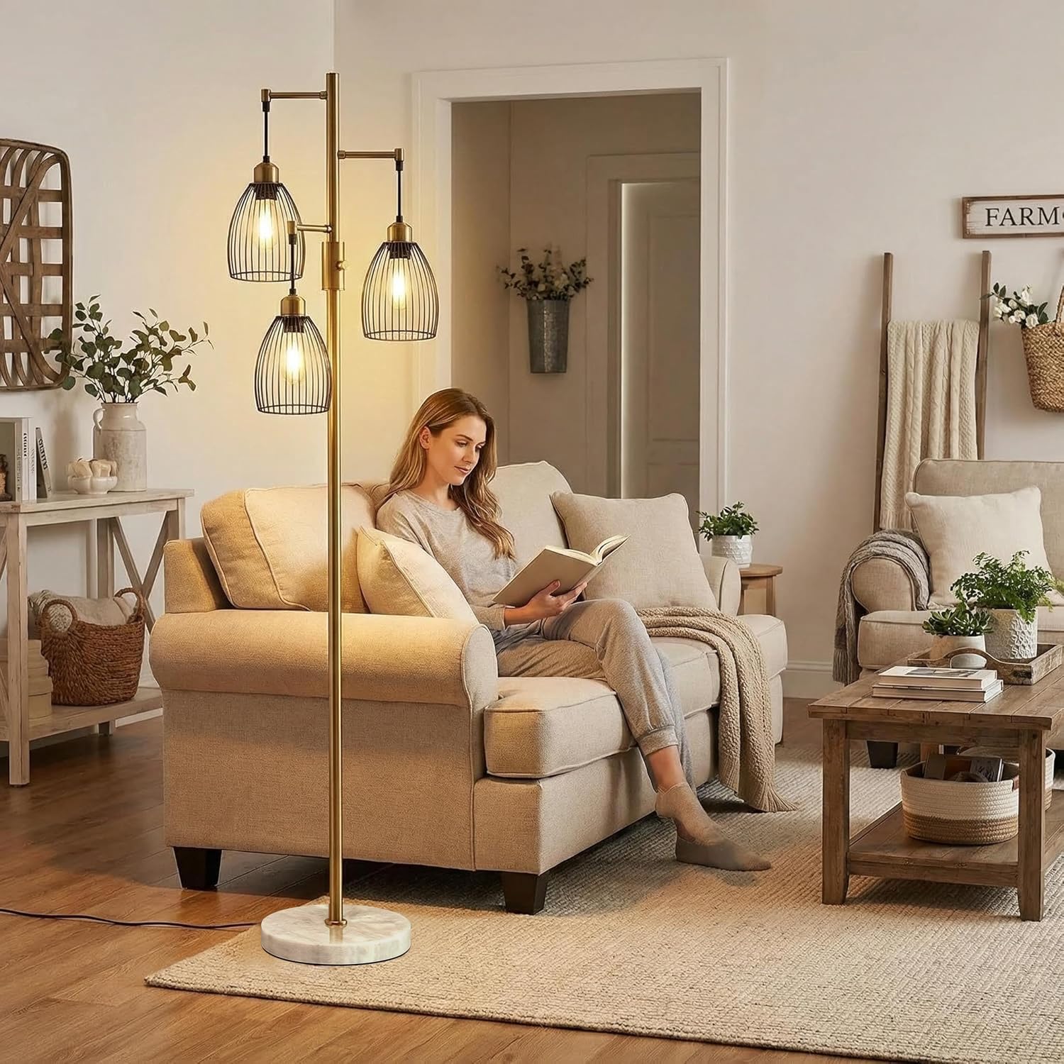 Torondo Dimmable Floor Lamps for Living Room, Industrial Standing Lamp with Marble Base, Antique Brass Tree Tall Pole Light with 3…