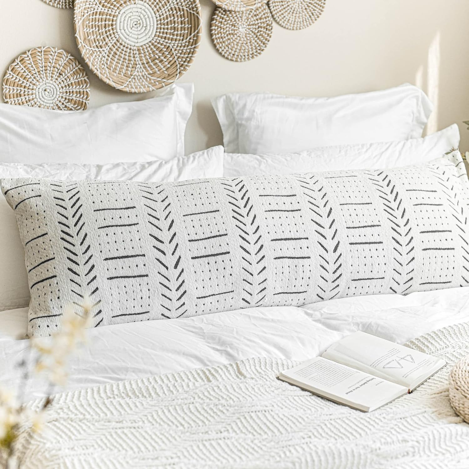BlissBlush White Soft Chenille Boho Body Pillow Cover 20x54, Decorative Oversized Long Lumbar Pillow, Boho Textured Oversize Body Pillow…