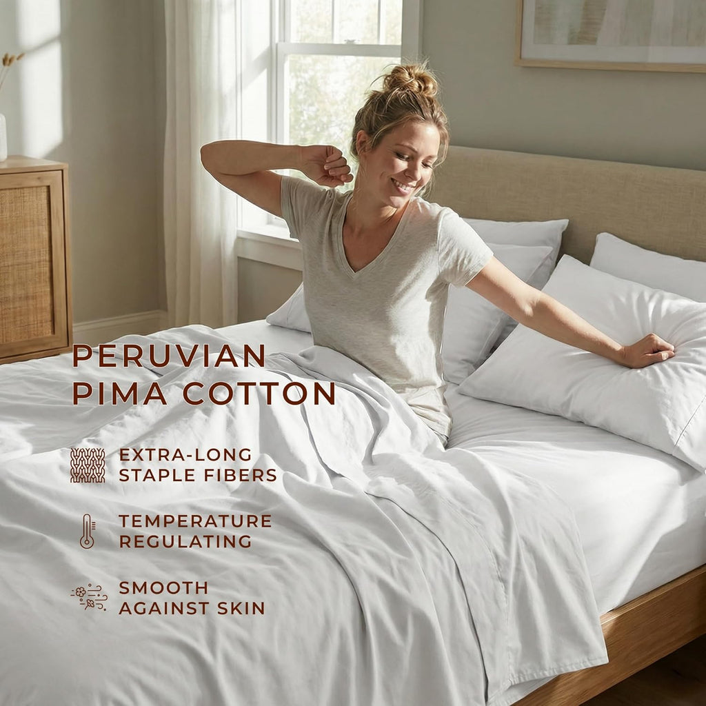 Perupima Peru Pima 415 Thread Count Percale Queen Sheet Set – 100% Pima Cotton, Cooling & Breathable for Warm Sleepers, 4 Piece (Flat, Fitt…