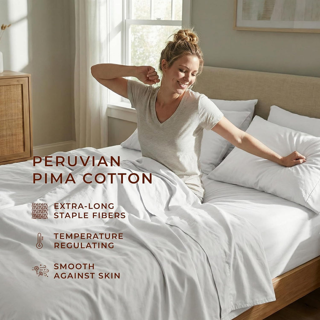 Perupima Peru Pima 415 Thread Count Percale Full Sheet Set - 100% Peruvian Pima Cotton, 4 Piece (Flat, Fitted, 2 Pillowcases) - Cooling, Cr…