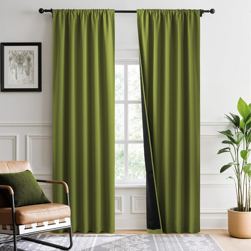 Nicetown 2 Panels 100% Blackout Curtains, Olive Green 52x84 Inches Black Lined Insulated Window Treatment, Total Light Blocking Rod Pocket…