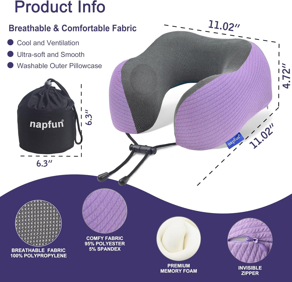 napfun Neck Pillow for Traveling, Upgraded Travel Neck Pillow for Airplane 100% Pure Memory Foam Travel Pillow for Flight Headrest Sleep…