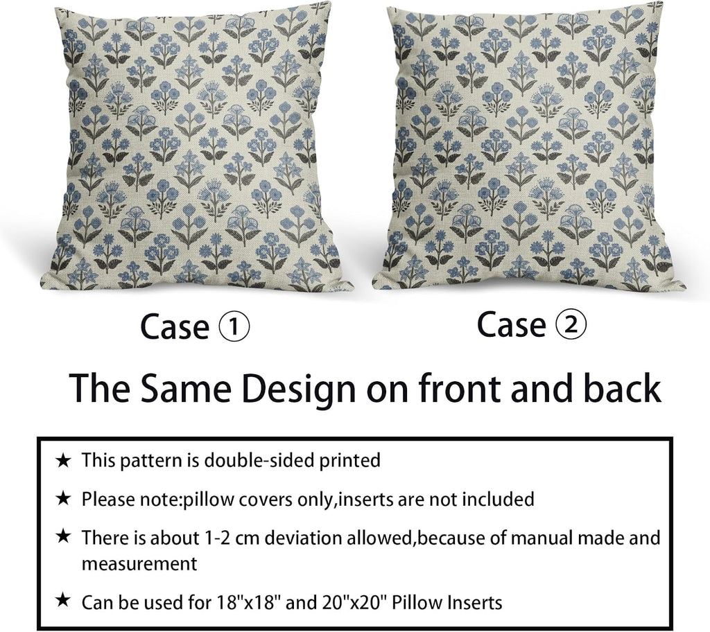 Black Blue Floral Block Print Pillow Covers 16x16 Inch Set of 2, Vintage Flower Pattern Spring Summer Decorative Throw Pillowcases…