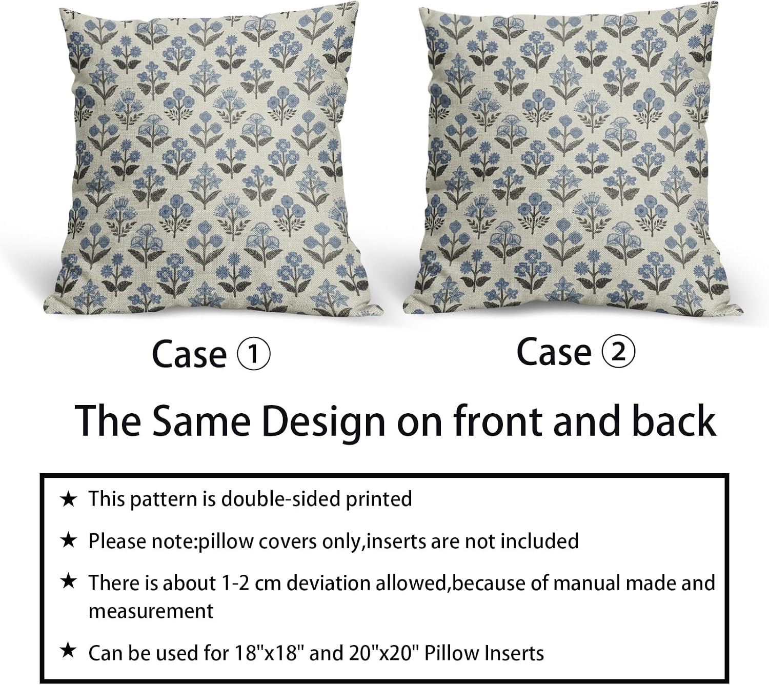 Black Blue Floral Block Print Pillow Covers 24x24 Inch Set of 2, Vintage Flower Pattern Spring Summer Decorative Throw Pillowcases…