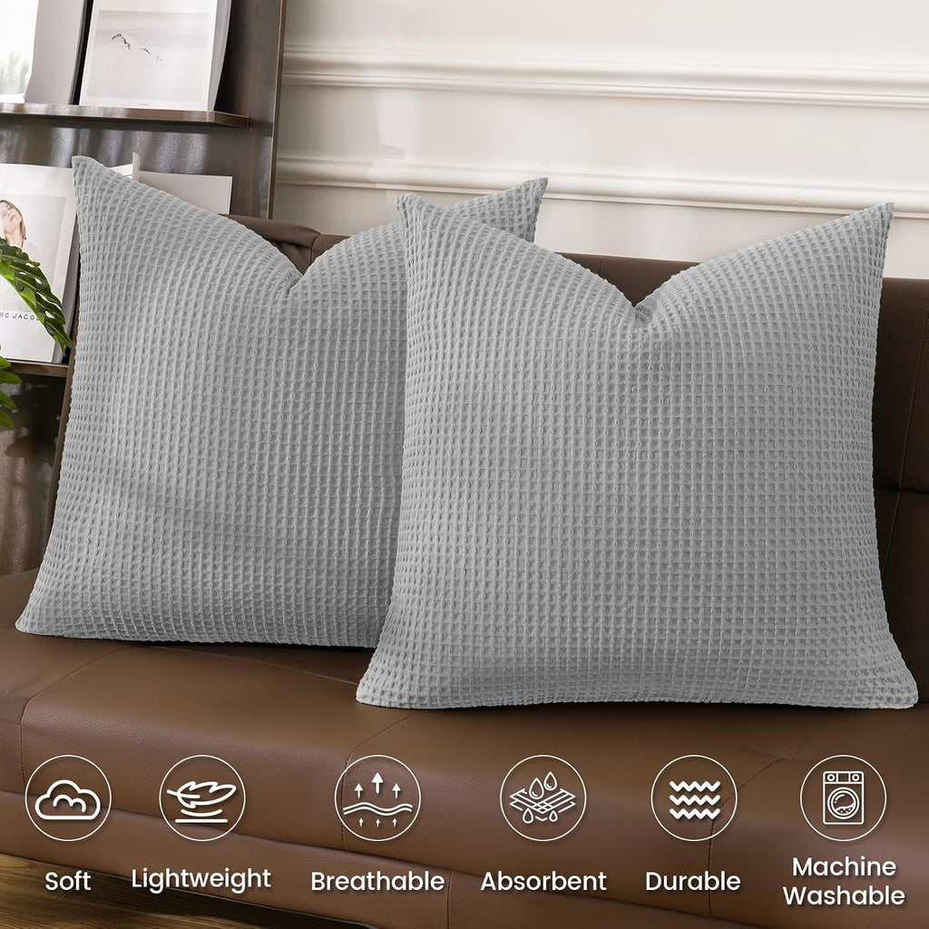 Phf 100% Cotton Waffle Weave Throw Pillow Cover, 24" x 24", No Filling, 2 Pack Elegant Home Decorative Square Throw Pillow Covers for Bed C…