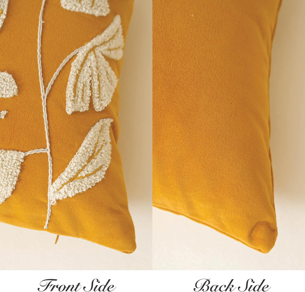 BlissBlush 14x36 Lumbar Pillow Cover for Bed, Yellow Mustard Rectangular Long Throw Pillowcase, Embroidered Velvet Floral Tufted…