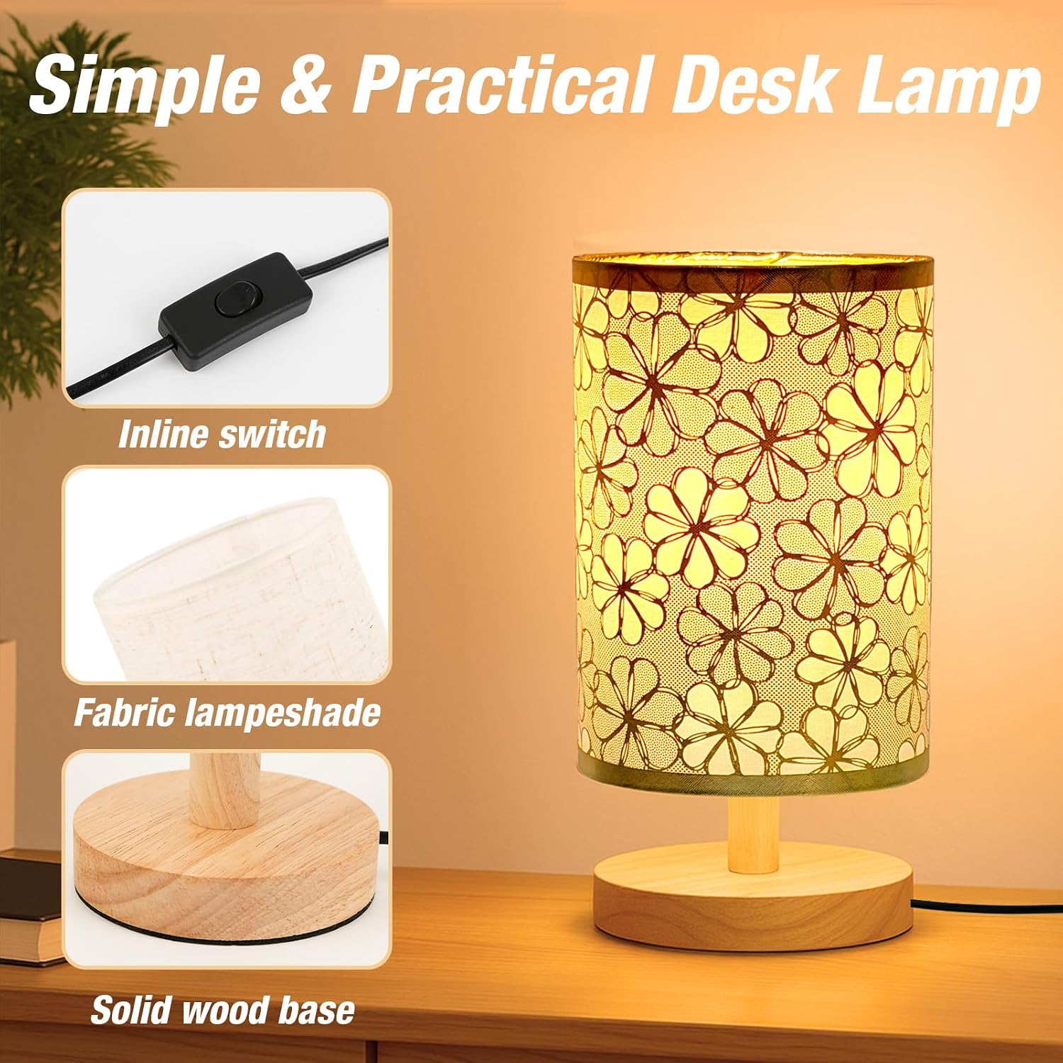 Desk Lamp LED Bulb Included, Small Bedside Table Lamp Plug-in - Classic Wood Base with Flaxen Fabric Shade, Lamps for Night Stands…