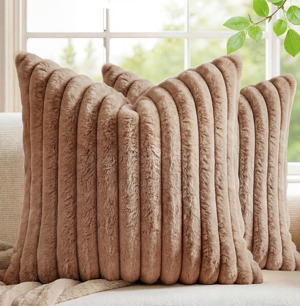 MEGAYES Pack of 2 Throw Pillow Covers 20x20 Decorative Solid Plush Faux Fur with Soft Velvet Back, Square Striped Cushion Cases Mode…