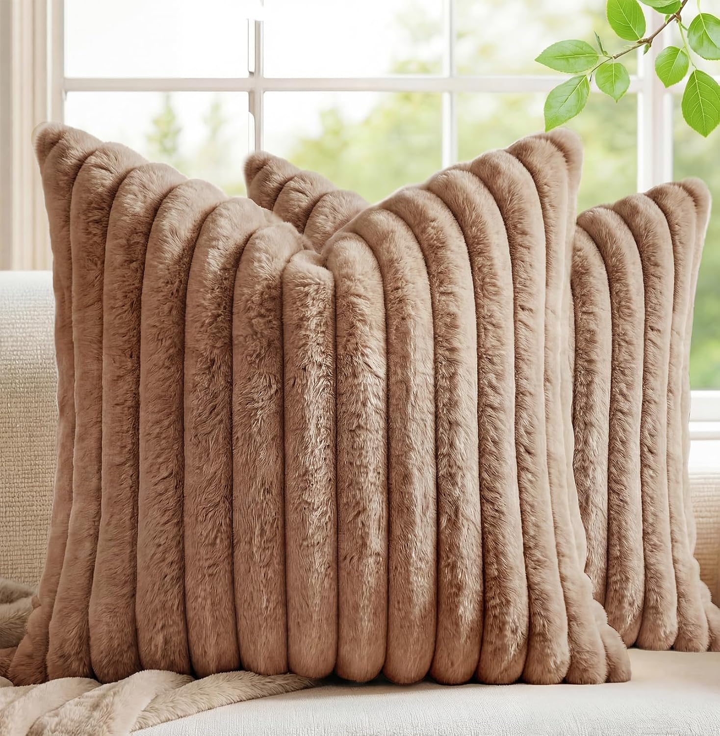 MEGAYES Pack of 2 Throw Pillow Covers 20x20 Decorative Solid Plush Faux Fur with Soft Velvet Back, Square Striped Cushion Cases Mode…