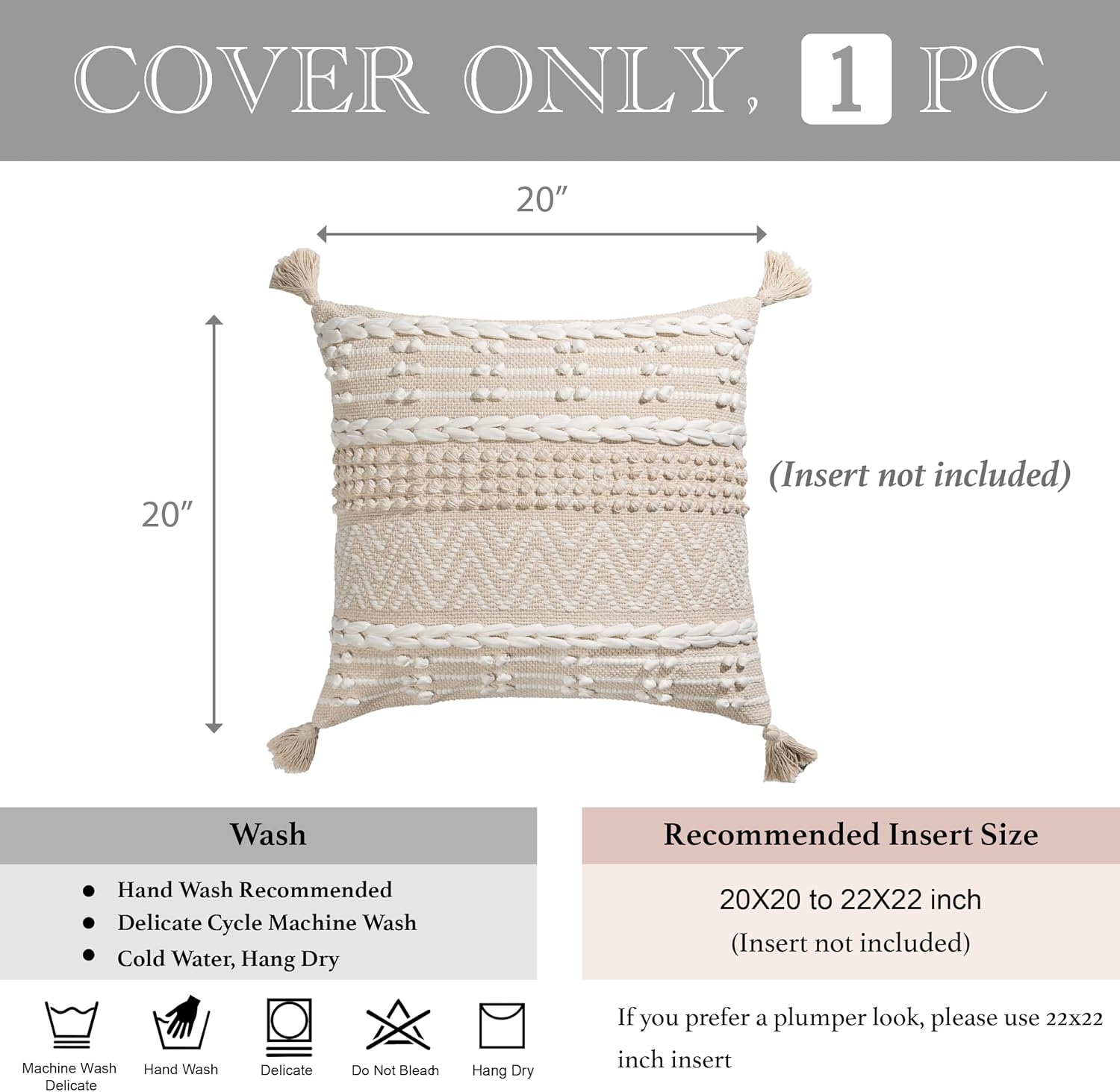 BlissBlush Boho Throw Pillow Cover 20X20, Decorative Accent Pillow for Couch, Square Woven Textured Pillowcase, Modern Boho Pillow for…