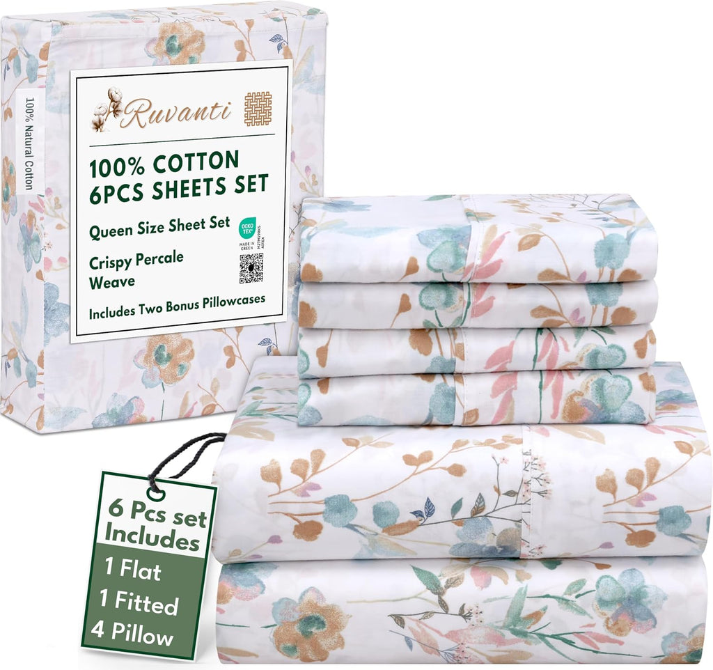Ruvanti 100% Cotton Percale Sheets Queen Size 6 Piece Set, Cooling Bed Sheets for Hot Sleepers, Deep Pocket 16”, Breathable Lightweight & D…