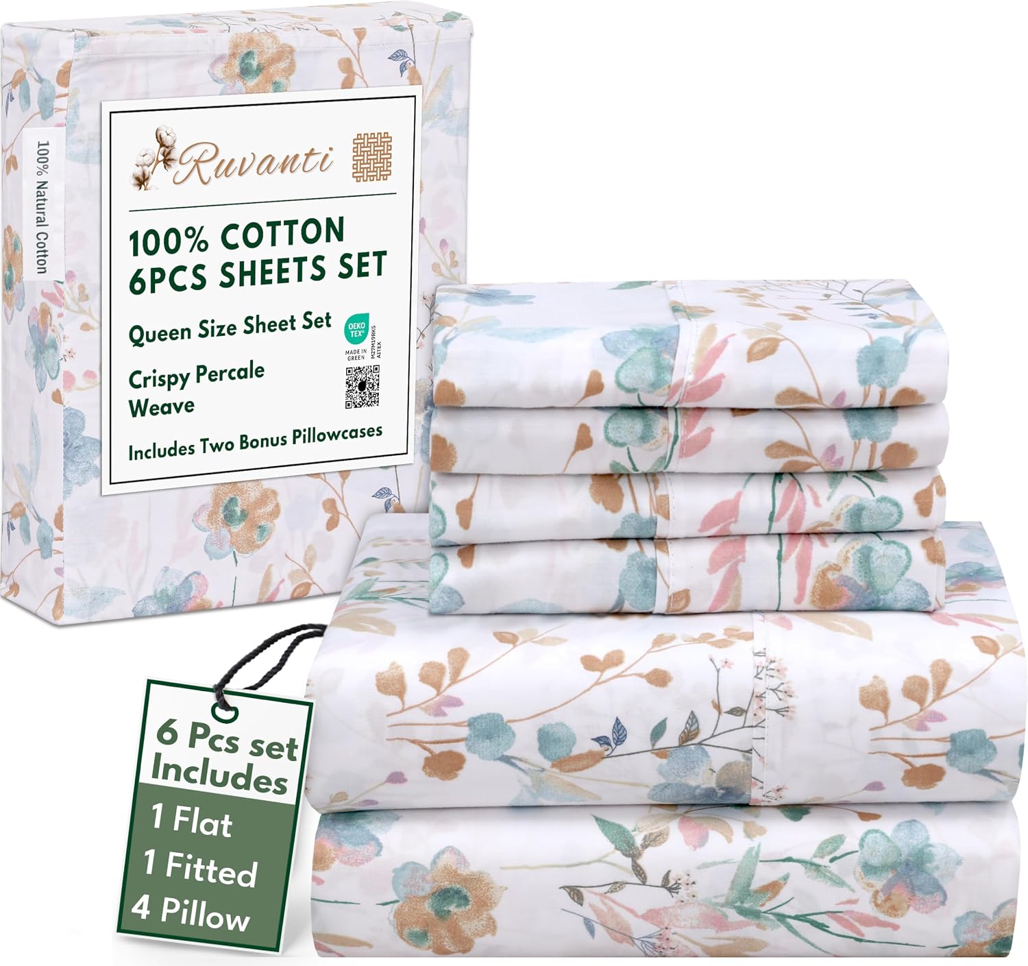 Ruvanti 100% Cotton Percale Sheets Queen Size 6 Piece Set, Cooling Bed Sheets for Hot Sleepers, Deep Pocket 16”, Breathable Lightweight & D…