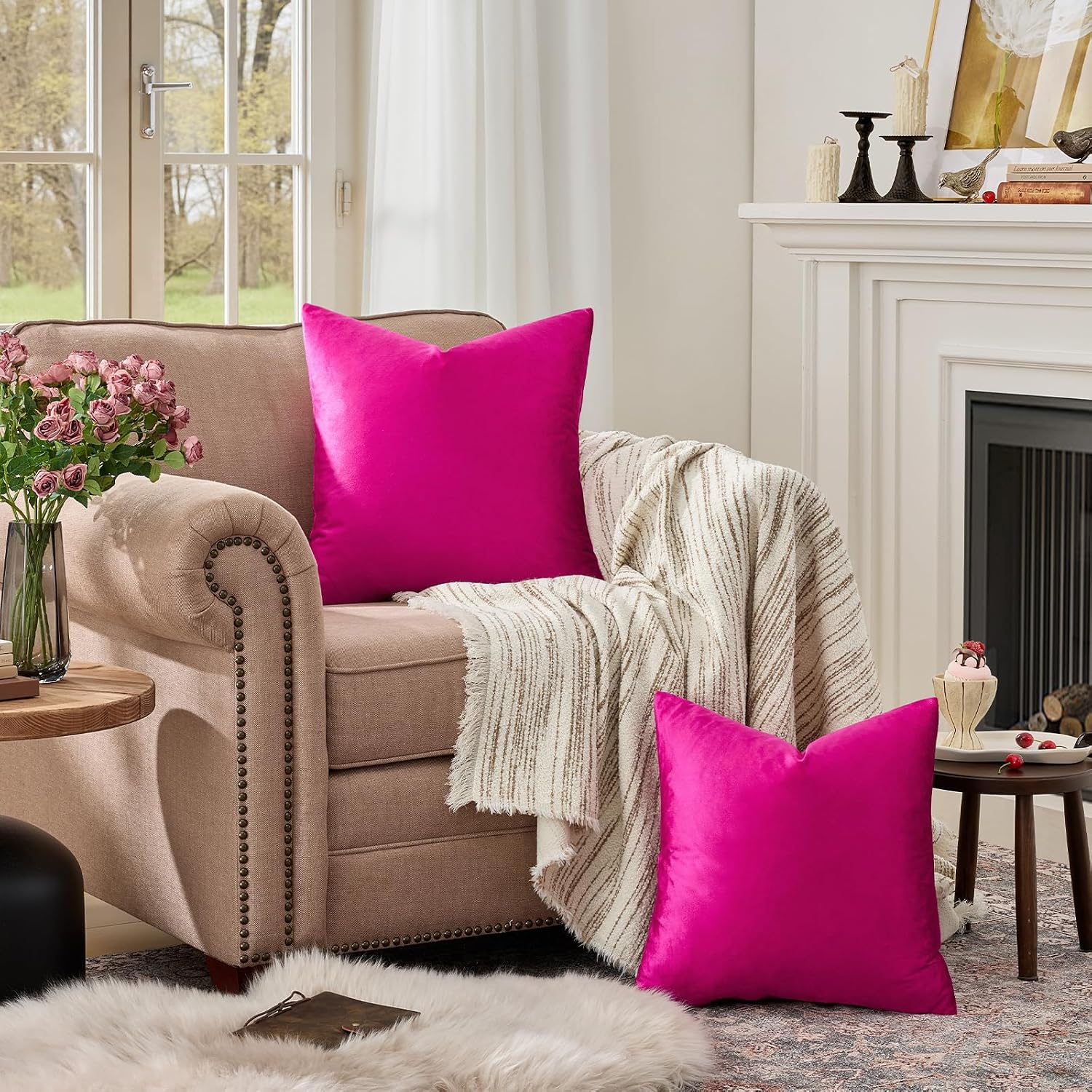 GIGIZAZAFocusingonhomedecoration GIGIZAZA Pack of 2 Throw Pillow Covers 26x26 Hot Pink Velvet Decorative Pillows Couch Sofa Covers Bedroom…