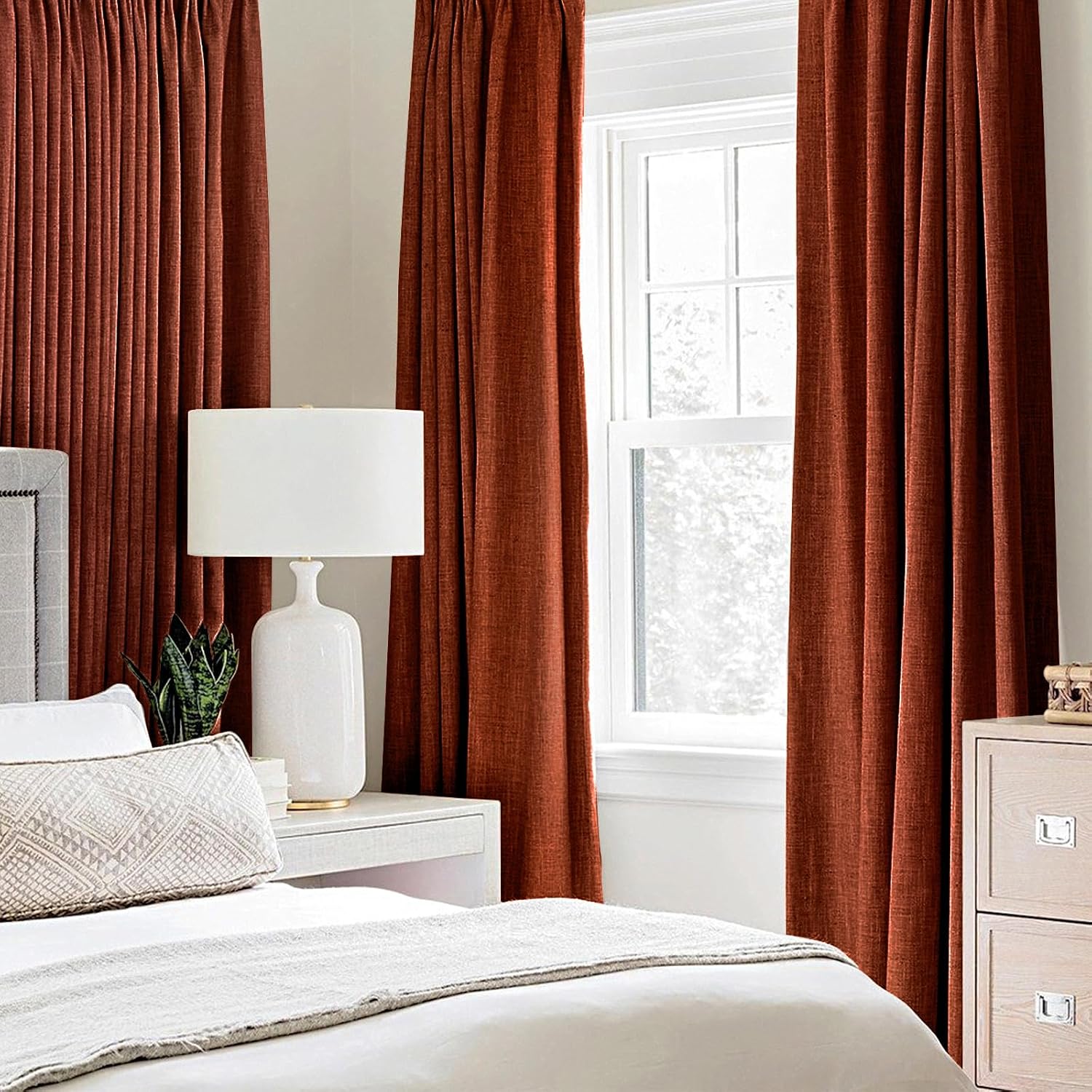 Miulee Linen Curtains for Bedroom 100% Blackout Thermal Insulated Burnt Orange Grommet Room Darkening Curtains & Drapes Rust Terracotta Fal…