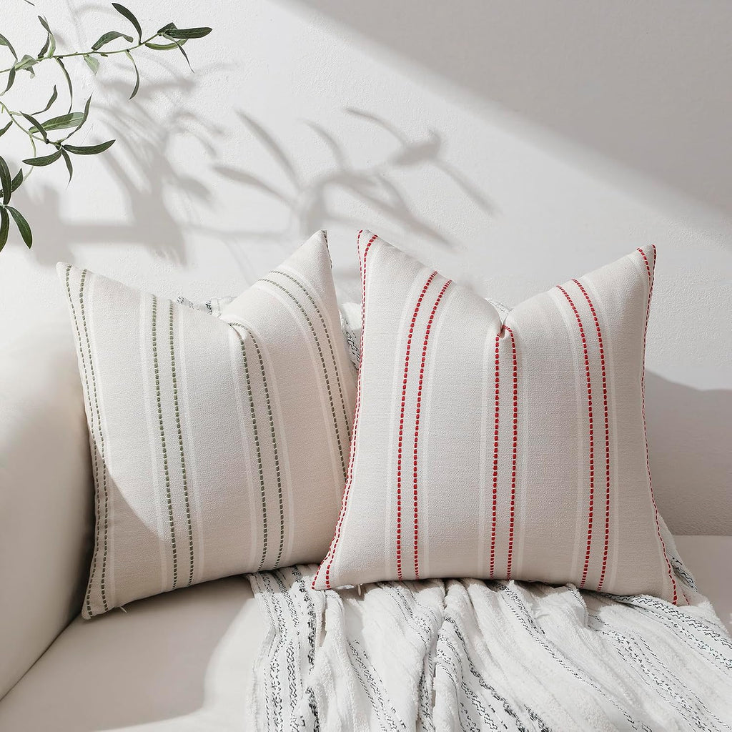 Hckot Spring Decorative Pillow Covers 18x18 Striped Throw Pillows Textured Linen Green Pillow Covers Farmhouse Decor Cushion Covers for…