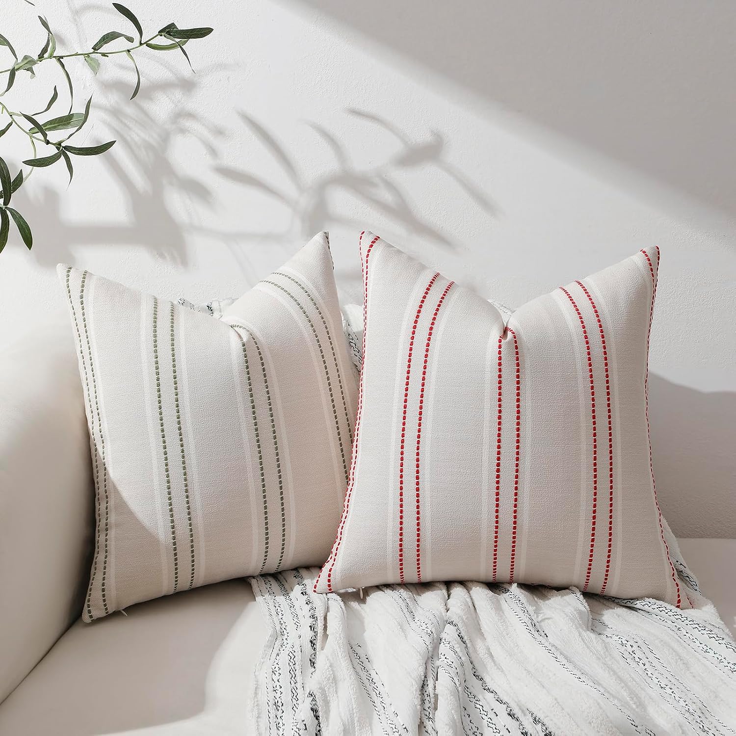 Hckot Spring Decorative Pillow Covers 18x18 Striped Throw Pillows Textured Linen Green Pillow Covers Farmhouse Decor Cushion Covers for…
