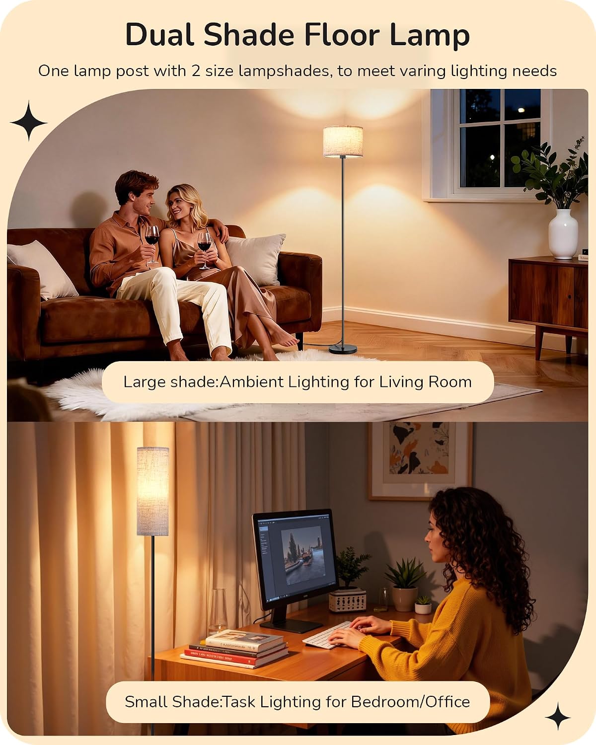 EDISHINE Upgraded Floor Lamps with 2 Lampshades, 63.7" Modern Standing Lamp with Foot Switch and Remote Control, Stepless Dimmable…