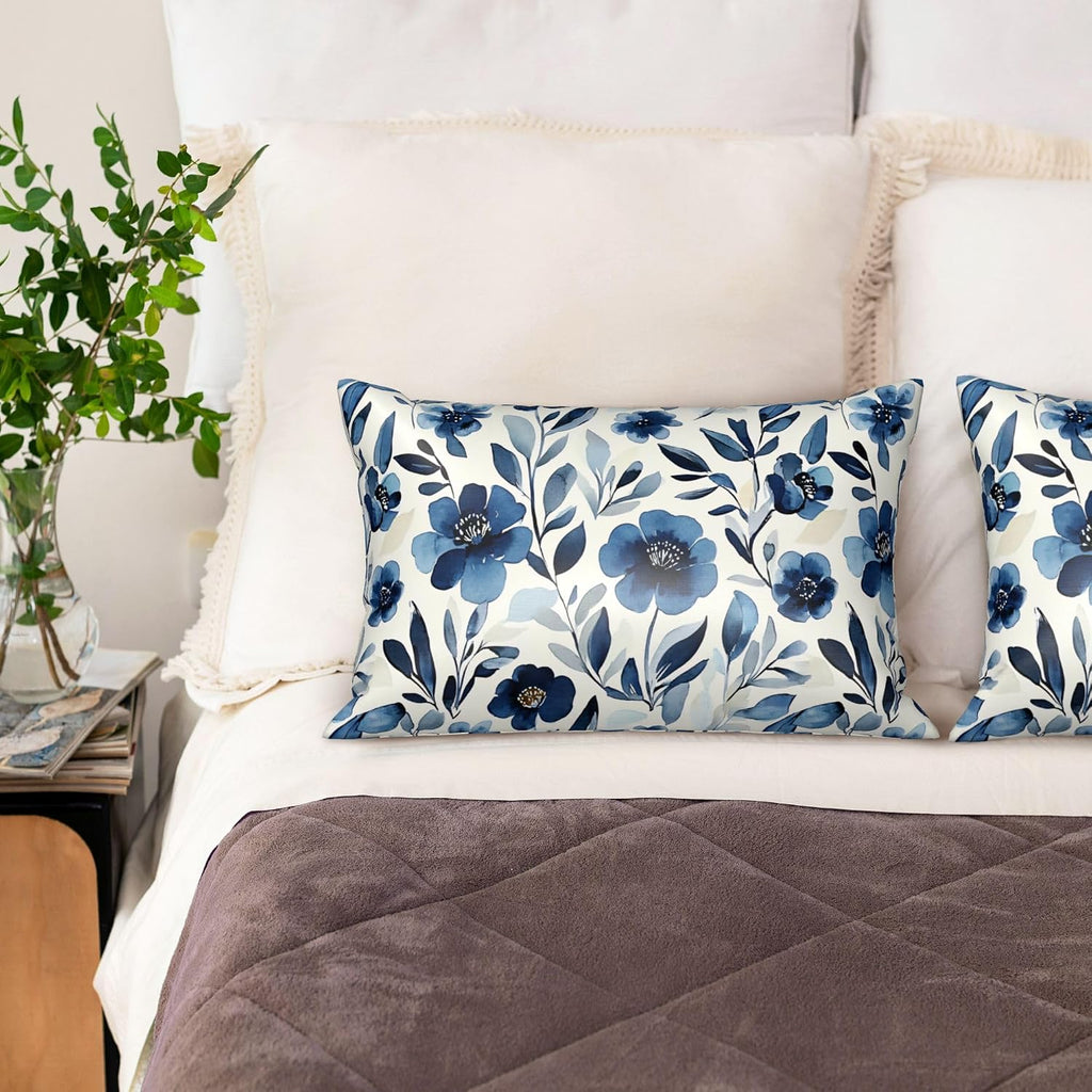 Satin Pillowcase for Hair and Skin Watercolor Blue Flowers and Leaves Super Soft and Cooling Similar to Silk Pillow Case 1 Pack with…