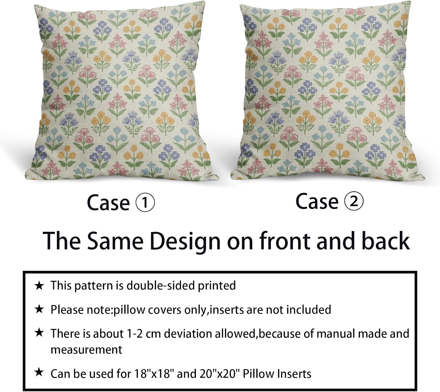 Spring Floral Easter Block Print Pillow Covers 24x24 Inch Set of 2, Pink Yellow Blue Purple Flower Holiday Decorative Throw Pillowcases…