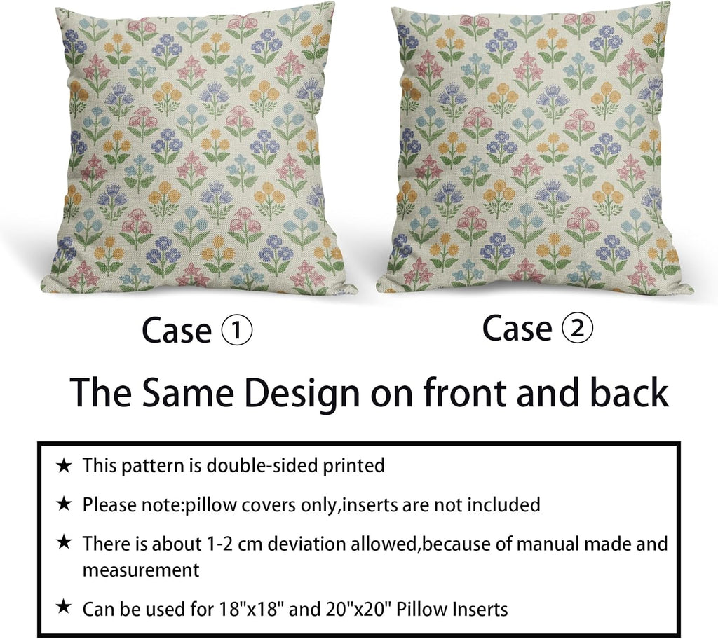 Spring Floral Easter Block Print Pillow Covers 20x20 Inch Set of 2, Pink Yellow Blue Purple Flower Holiday Decorative Throw Pillowcases…