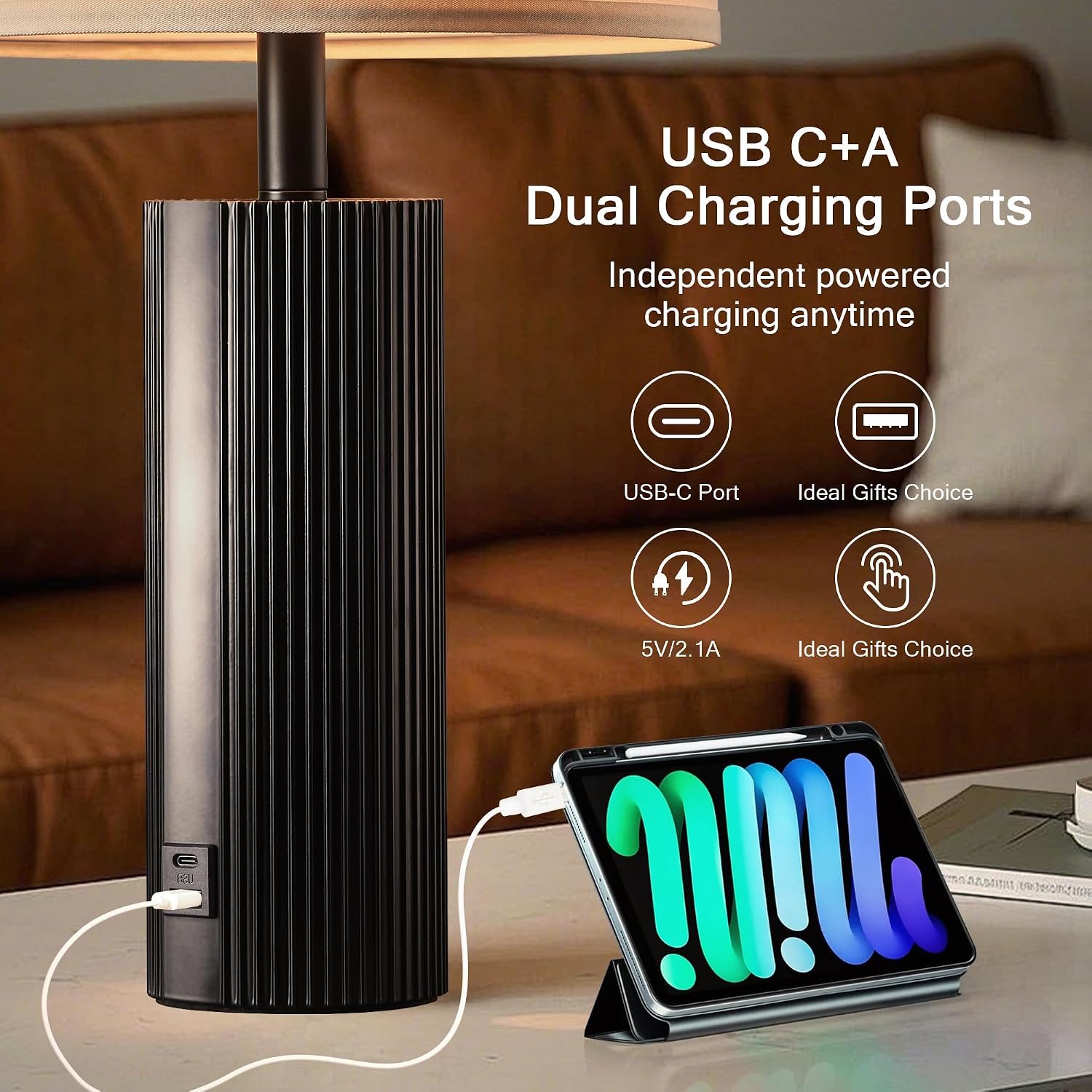 24.5" Black Lamps Set of 2, Modern Table Lamps for Living Room with USB C+A Ports, Creative Stripe Touch Lamps for Nightstand, 2 Bulbs…