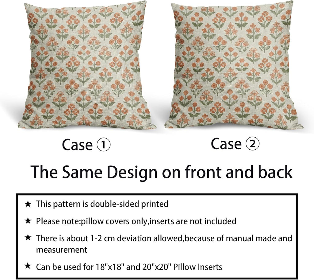 Orange Green Floral Block Print Pillow Covers 18x18 Inch Set of 2, Vintage Flower Pattern Decorative Throw Pillowcases Outdoor Farmhouse…