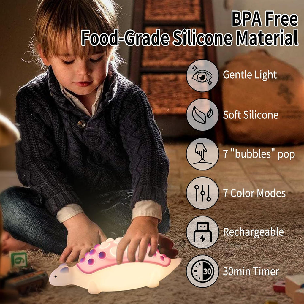 Dinosaur Night Light, Silicone Dino Lamp with Pop Bubble,7 Nightlight Modes Rechargeable Bedside Touch Lamp, Room Decor, Cute Lamp…