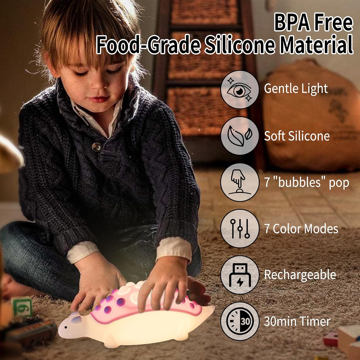 Dinosaur Night Light, Silicone Dino Lamp with Pop Bubble,7 Nightlight Modes Rechargeable Bedside Touch Lamp, Room Decor, Cute Lamp…