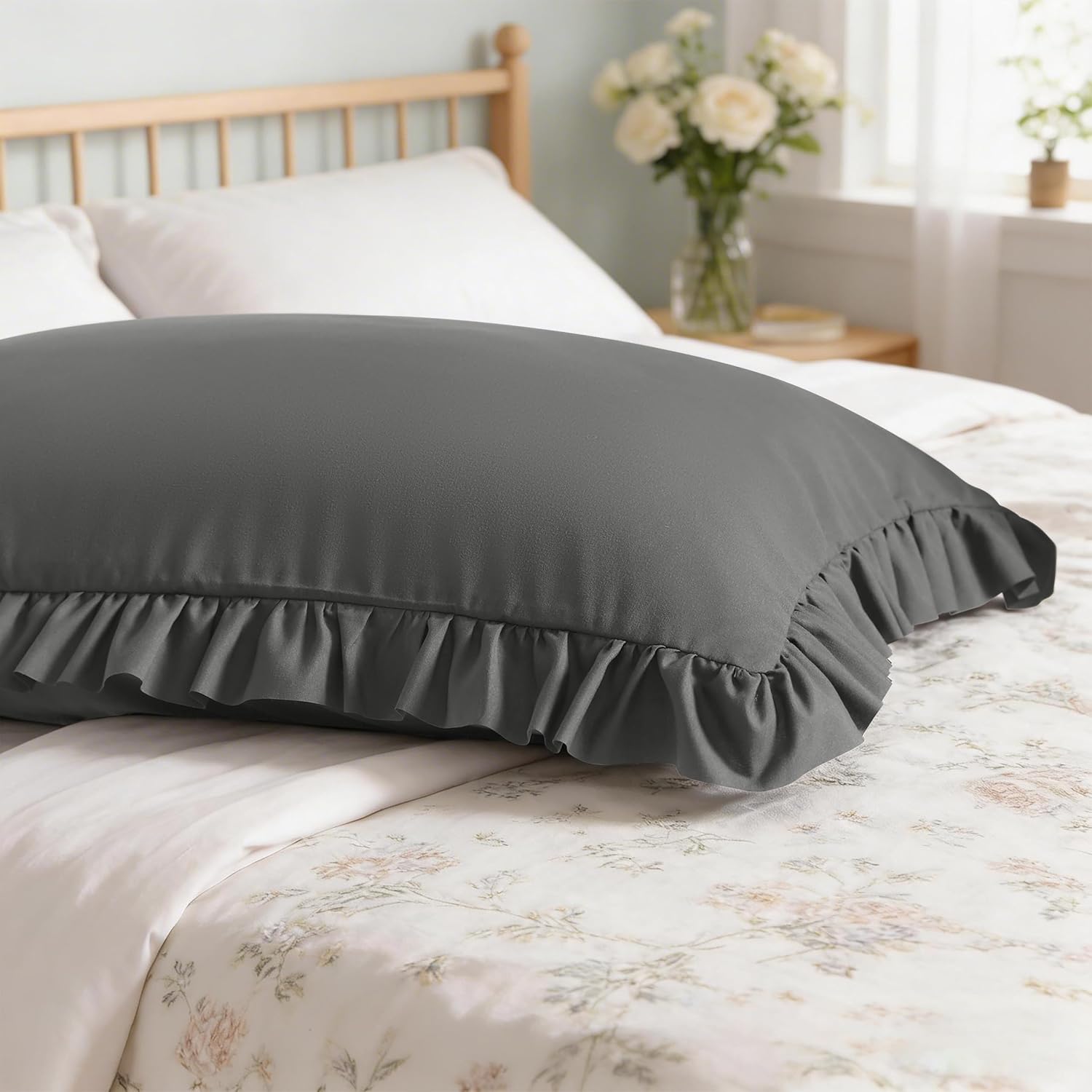 Aerlomi Ruffled Pillowcases, Queen Pillow Shams 20x30 Set of 2, Brushed Microfiber with Envelope Closure, Soft Wrinkle-Resistant, Da…