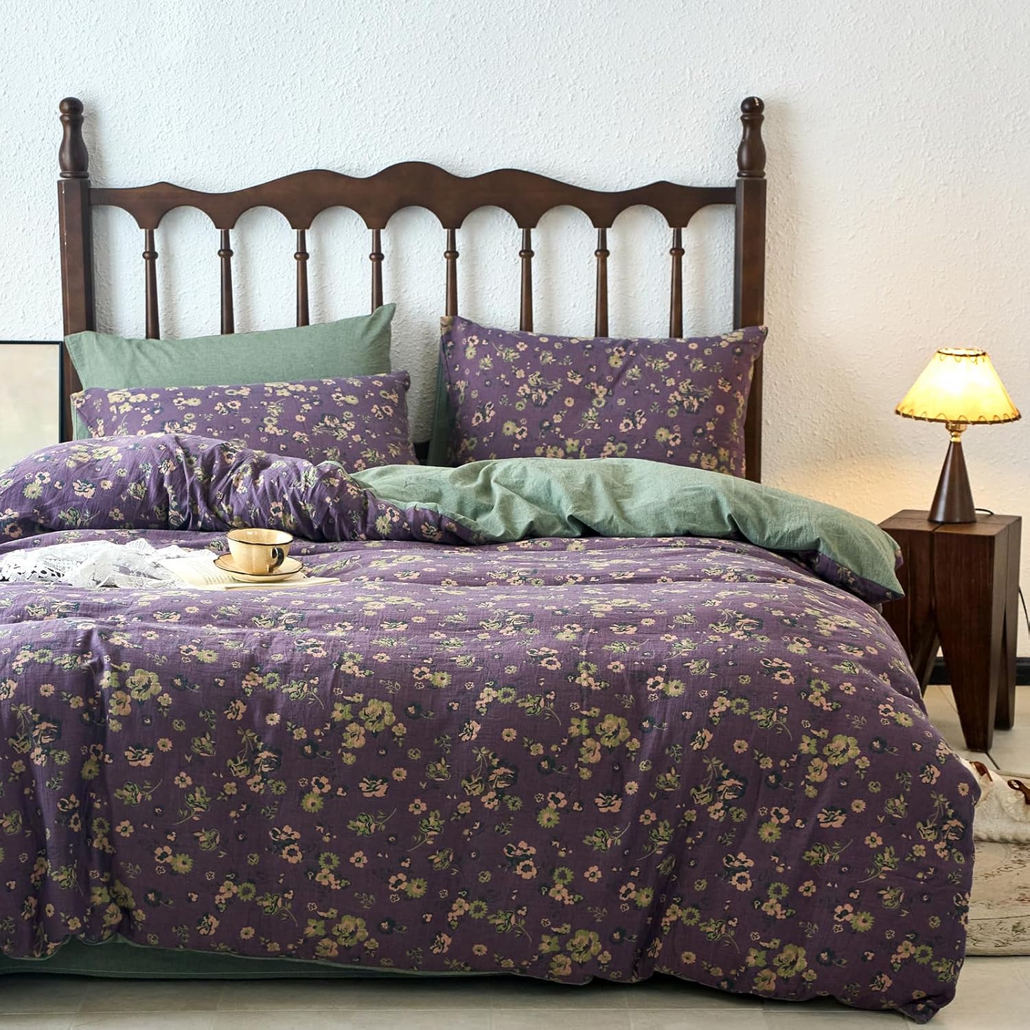 mixinni Vintage Floral Duvet Cover King Set - Purple & Green Reversible Jacquard, 100% Yarn-Dyed Double-Layer Cotton, Breathable Luxury Bed…