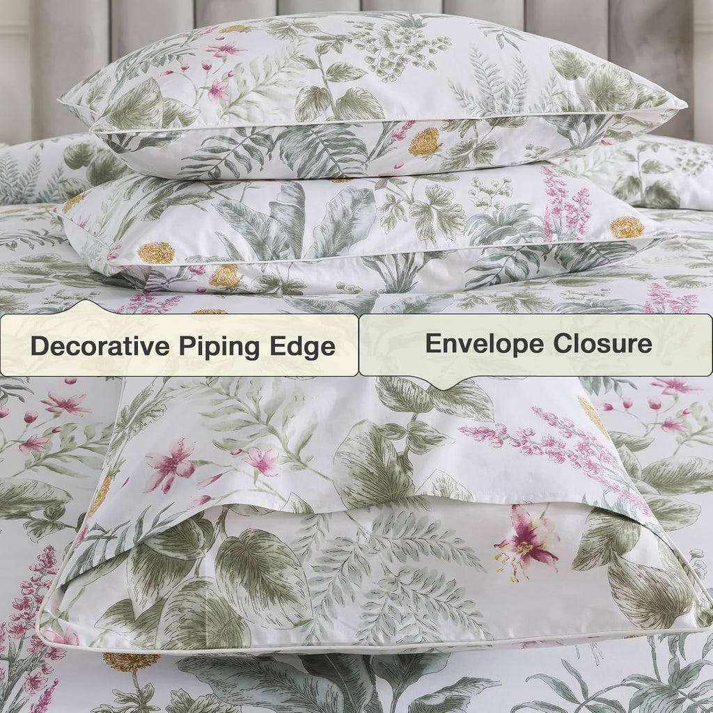 Puralens Tropical Pink Floral Percale Duvet Cover, King Green Palm Leaf Reversible Zipper Duvet Cover Set, Daisy Patterned 100% Cotton Soft…