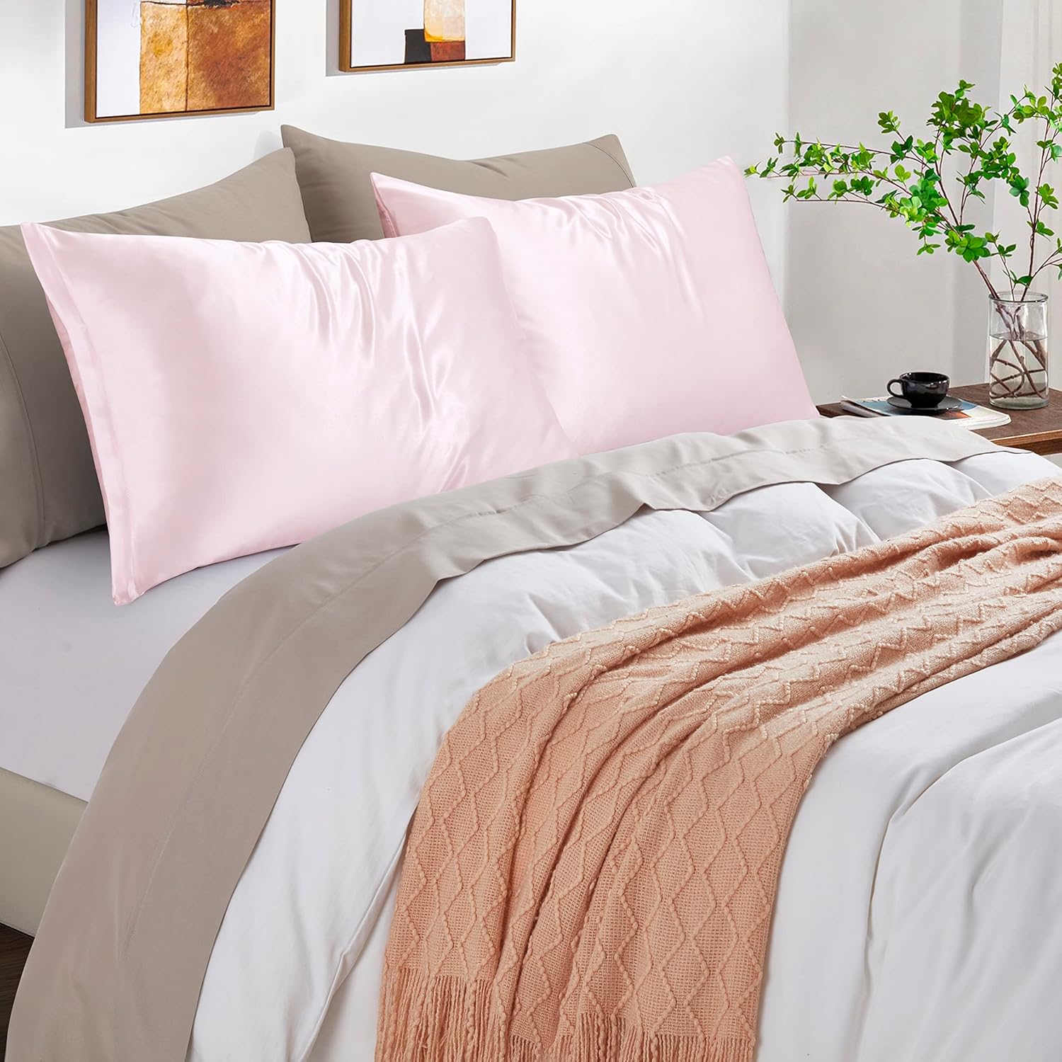 HommxJF Blush Pink Satin Pillowcases with Zipper (20x26), Standard Size Satin Pillowcases Set of 2, Blush Pink Silk Pillowcase for Hair and…