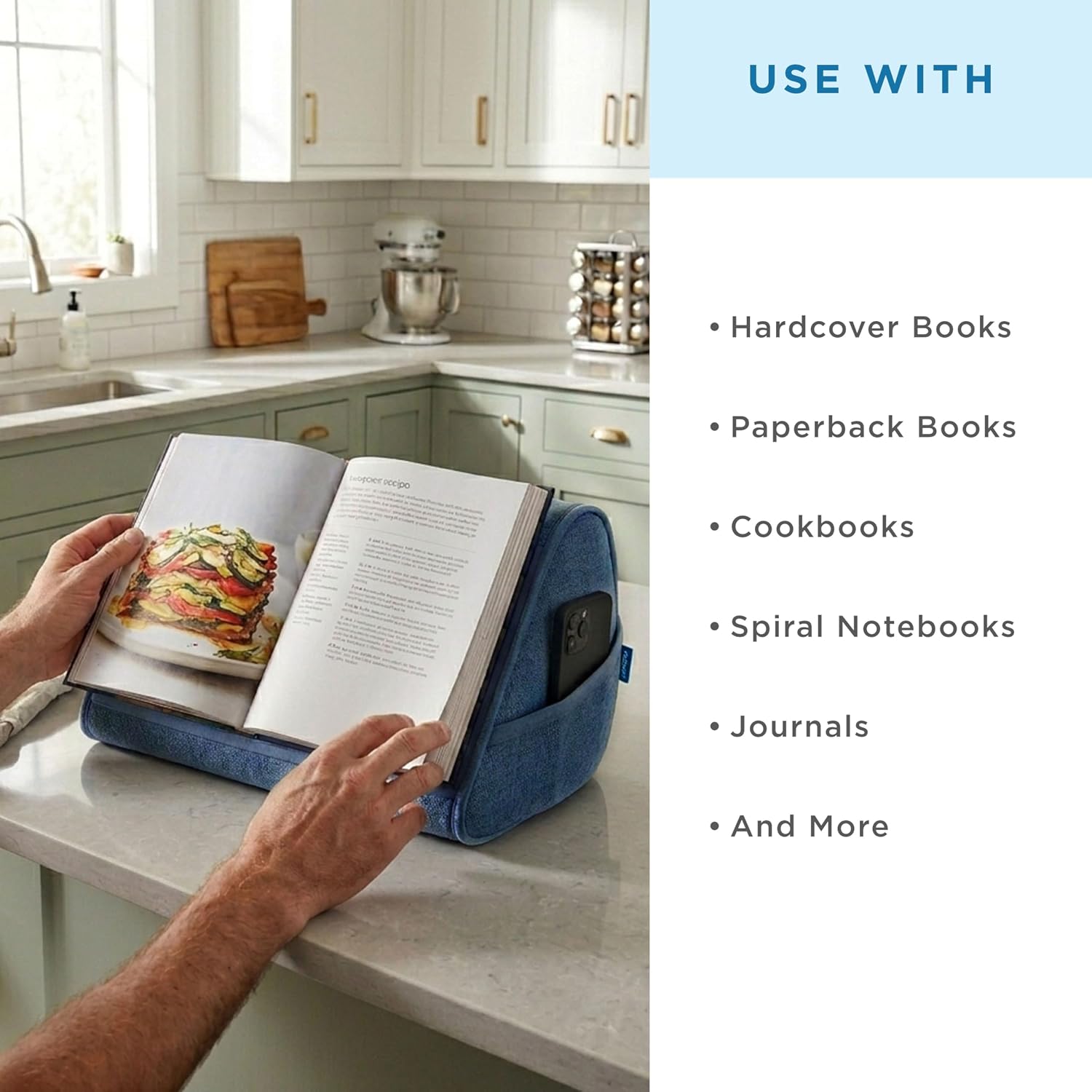 LAPGEAR Book Pillow – Lap Reading Cushion with Built-in Book Stand – Fits 6x9 Books & Similar Sizes – Denim Blue – Style No. 33203
