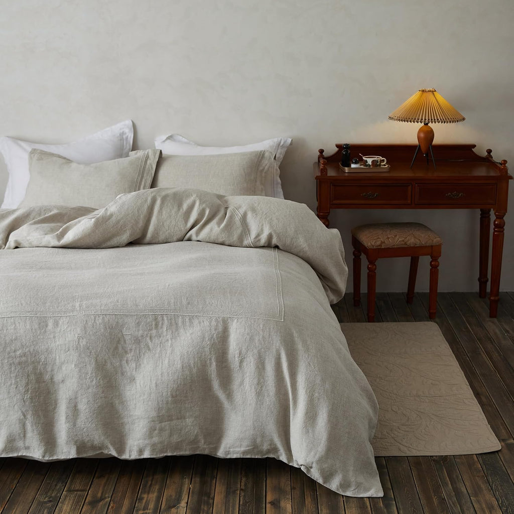 Simple&Opulence 100% Washed Linen Duvet Cover Set 104"x92" - 3 Pieces Soft Farmhouse Comforter Set Double Embroidered with Button Closure…