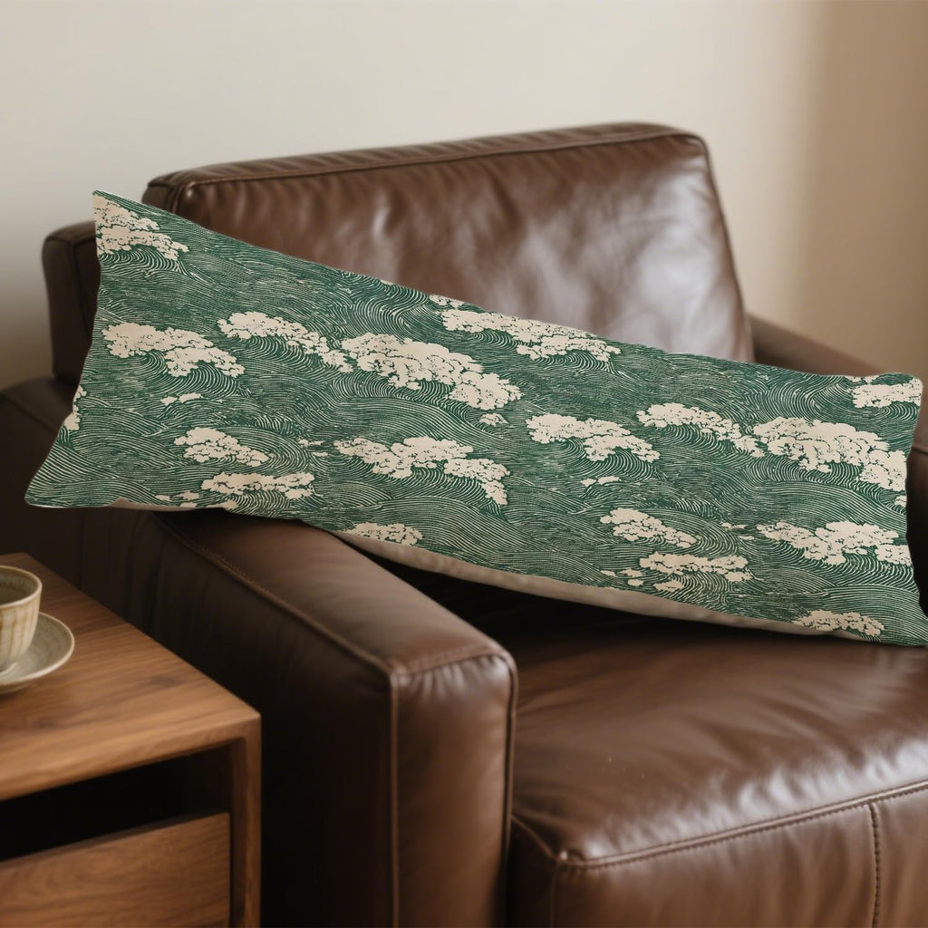 Japanese Waves 20x54 Body Pillow Cover, Japandi Home Decor, Traditional Oriental Forest Green Sea Waves Decorative Long Body Pillow Cases…