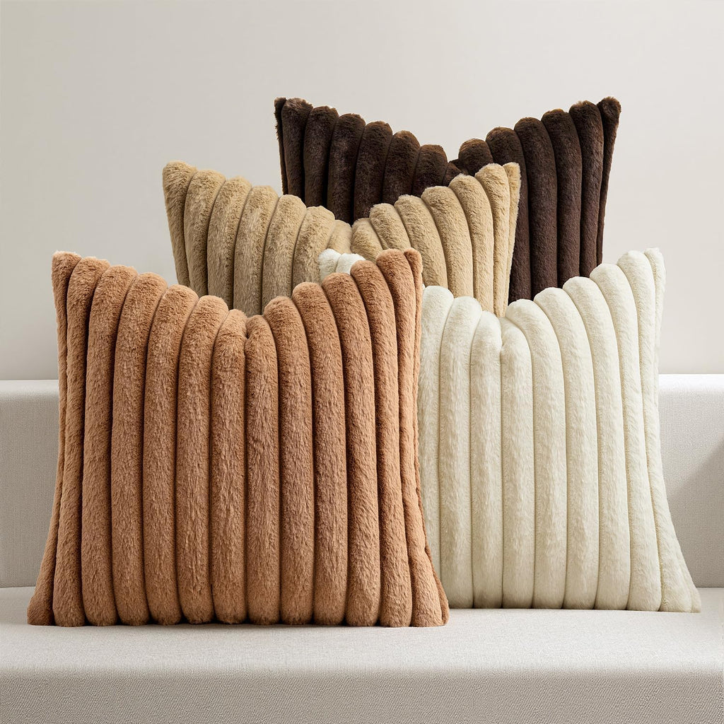 Miulee Faux Fur Plush Decorative Throw Pillow Covers 18x18 Set of 4, Boho Farmhouse Soft Fuzzy Striped Cushion Covers for Sofa Couch Bed Li…