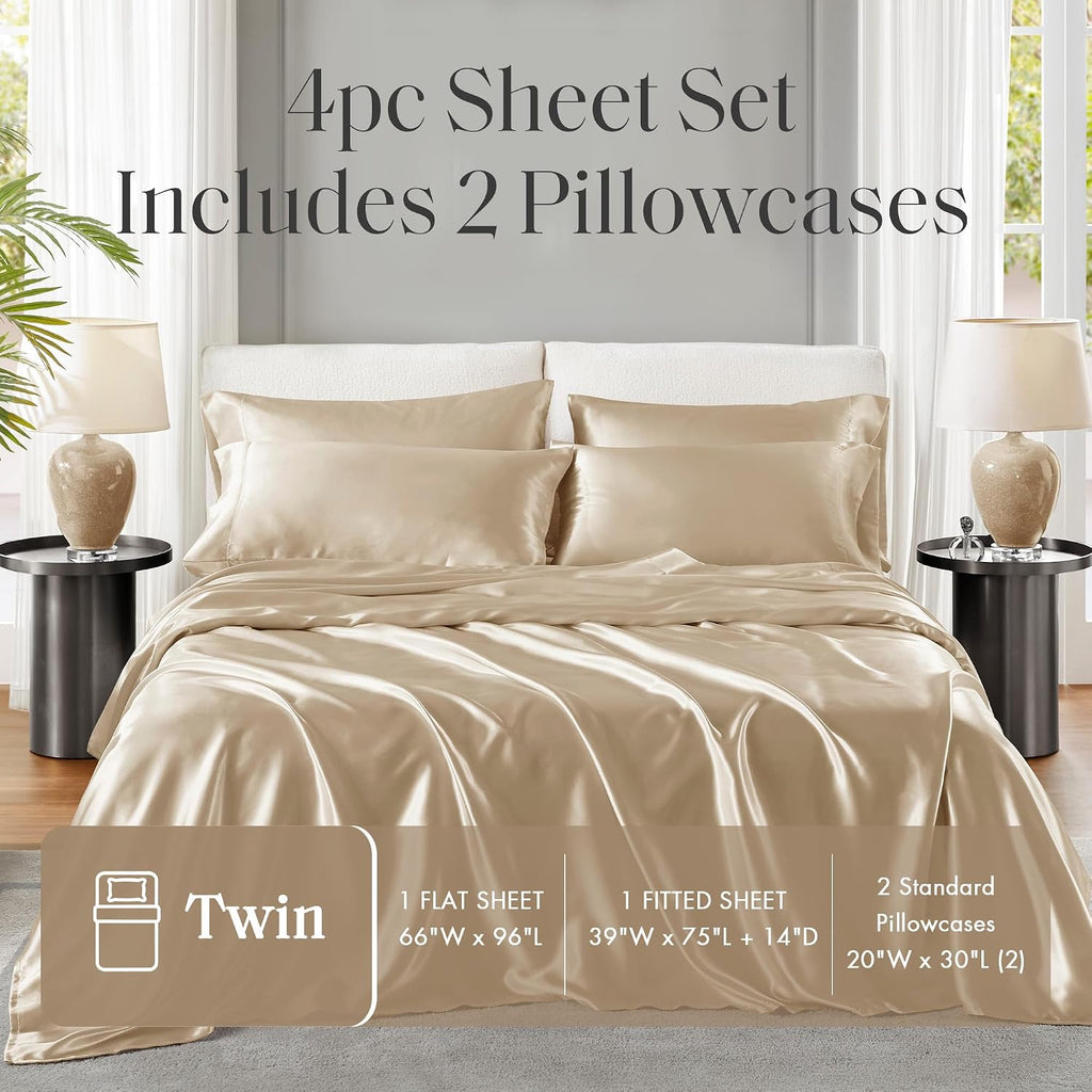 Madisonpark Madison Park Satin Sheets Twin Size, Luxurious Silky Bed Sheets, Elastic 14" Pocket fits up to 16" Mattress, Wrinkle-Free, Soft…