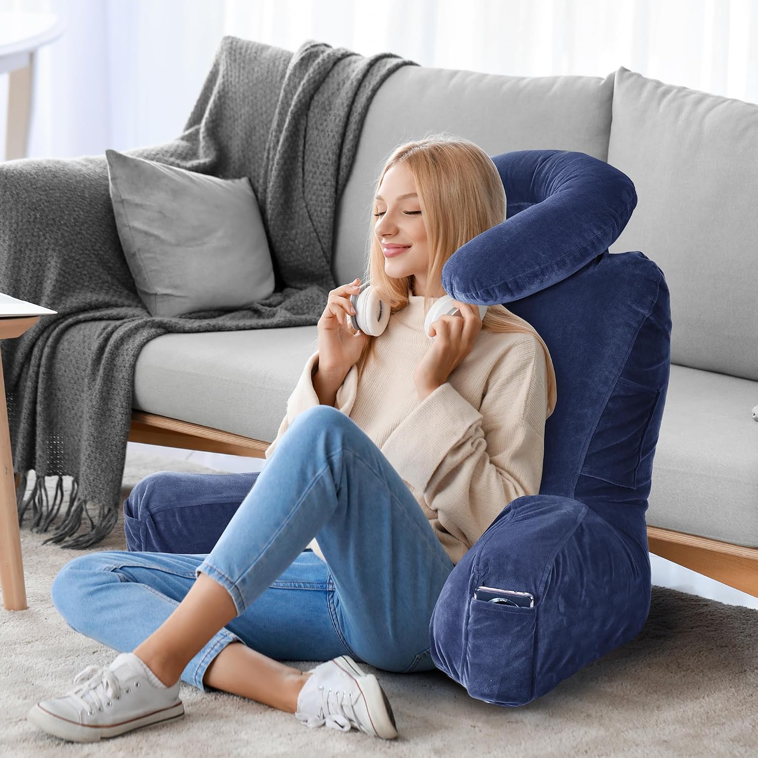 Rengue 31" Large Ergonomic Bed Rest Pillow, Reading Pillow with Arms Detachable Neck Roll Reading Pillow with Pockets for Sitting in Bed…