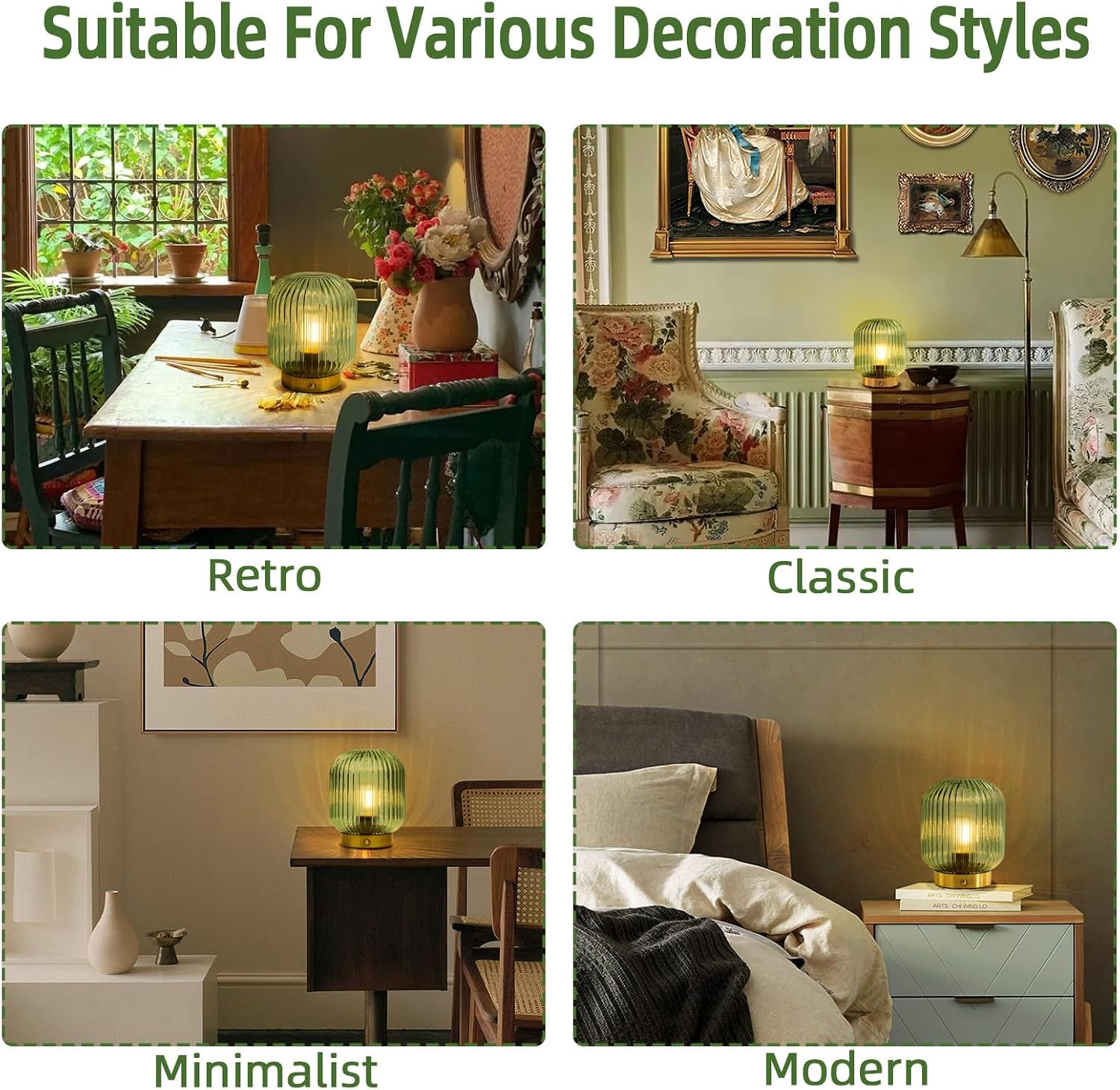 MJ PREMIER Rechargeable Table Lamp, Green Glass Lamp with Memory Function, Small Cordless LED Lamp with Dimmable Brightness, Decorative…