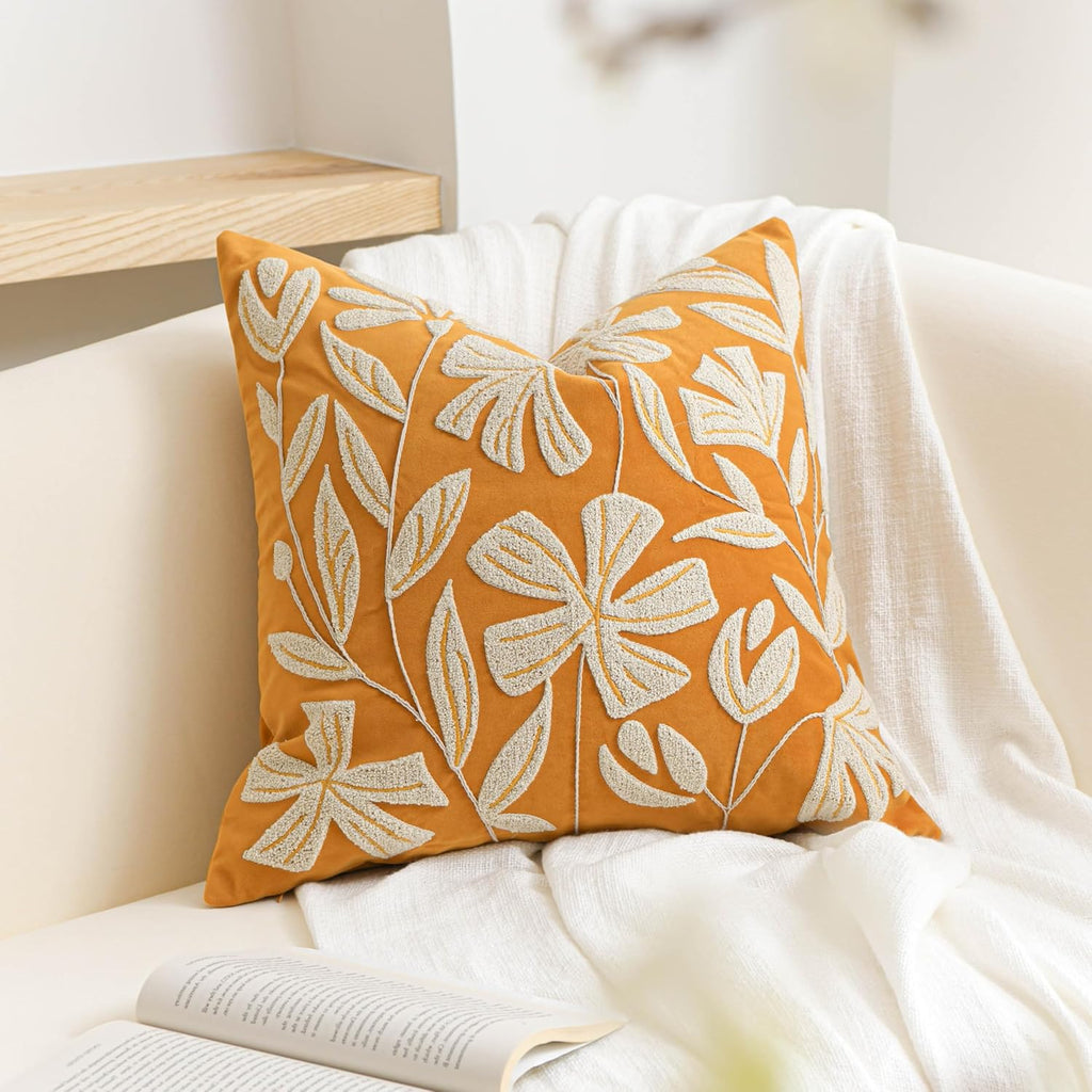 BlissBlush 20x20 Throw Pillow Cover, Mustard Yellow Square Decorative Cushion Cover for Couch Sofa, Floral Tufted Embroidered Velvet…