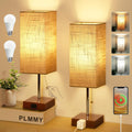 PLMMY Bedside Table Lamp for Bedroom Nightstand, 3 Color Pull Chain Nightstand Lamps Set of 2 with AC Outlets, Square Gray Lampshade…