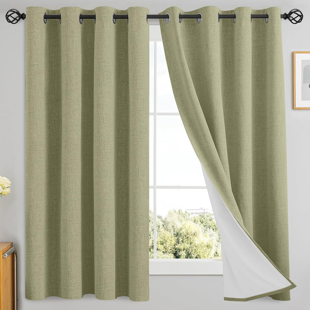 Yakamok Linen Sage Curtains 100% Blackout 63 Inches Long, Room Darkening Textured Curtains for Living Room Thermal Grommet Bedroom Curtain 2…