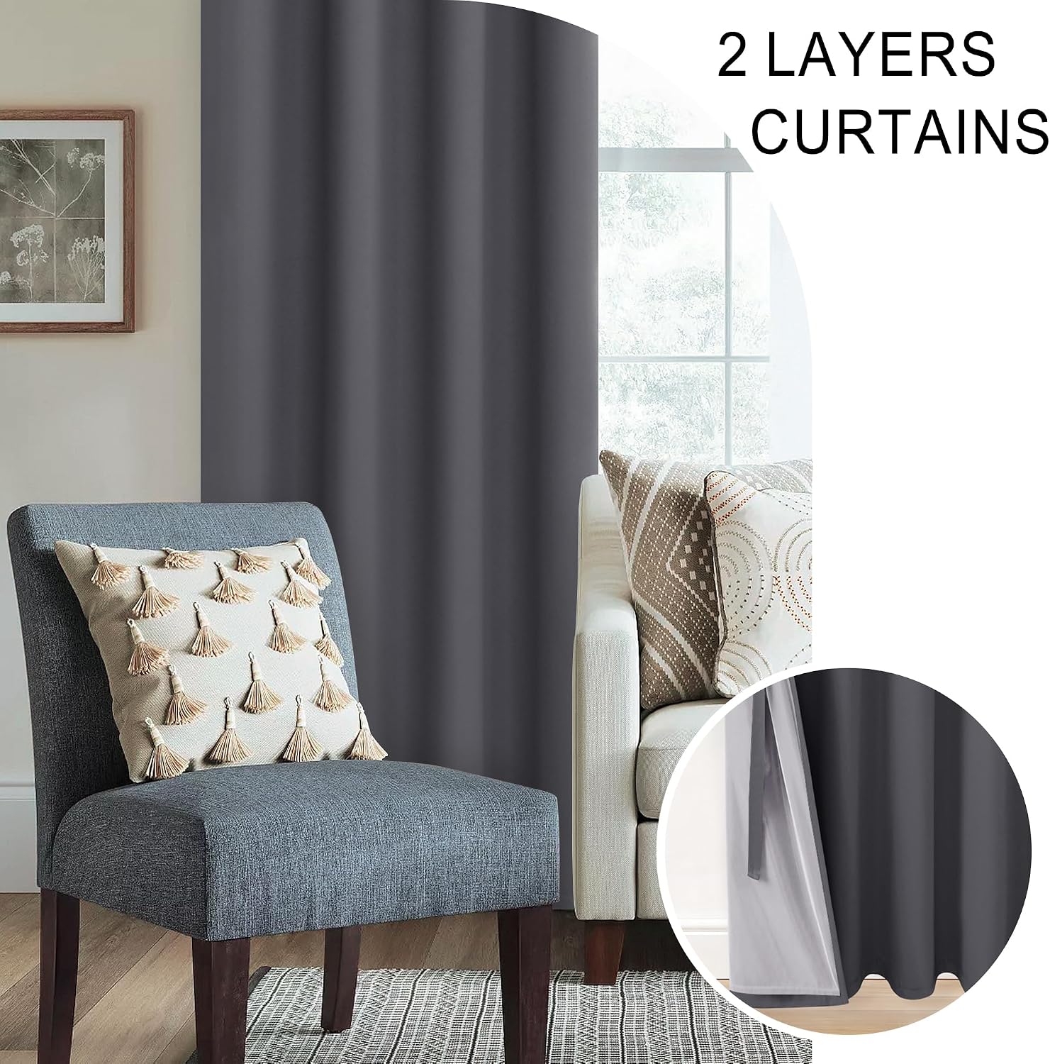 Xwzo 100% Blackout Window Curtains - Thermal Insulated & Noise Reduction Black Liner Ring Top Window Treatment Sewn with Tiebacks for Bedro…