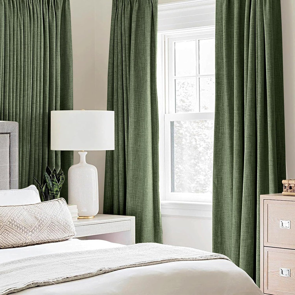 Miulee 100% Blackout Linen Textured Curtains for Bedroom Solid Thermal Insulated Olive Green Grommet Room Darkening Curtains & Drapes Luxur…
