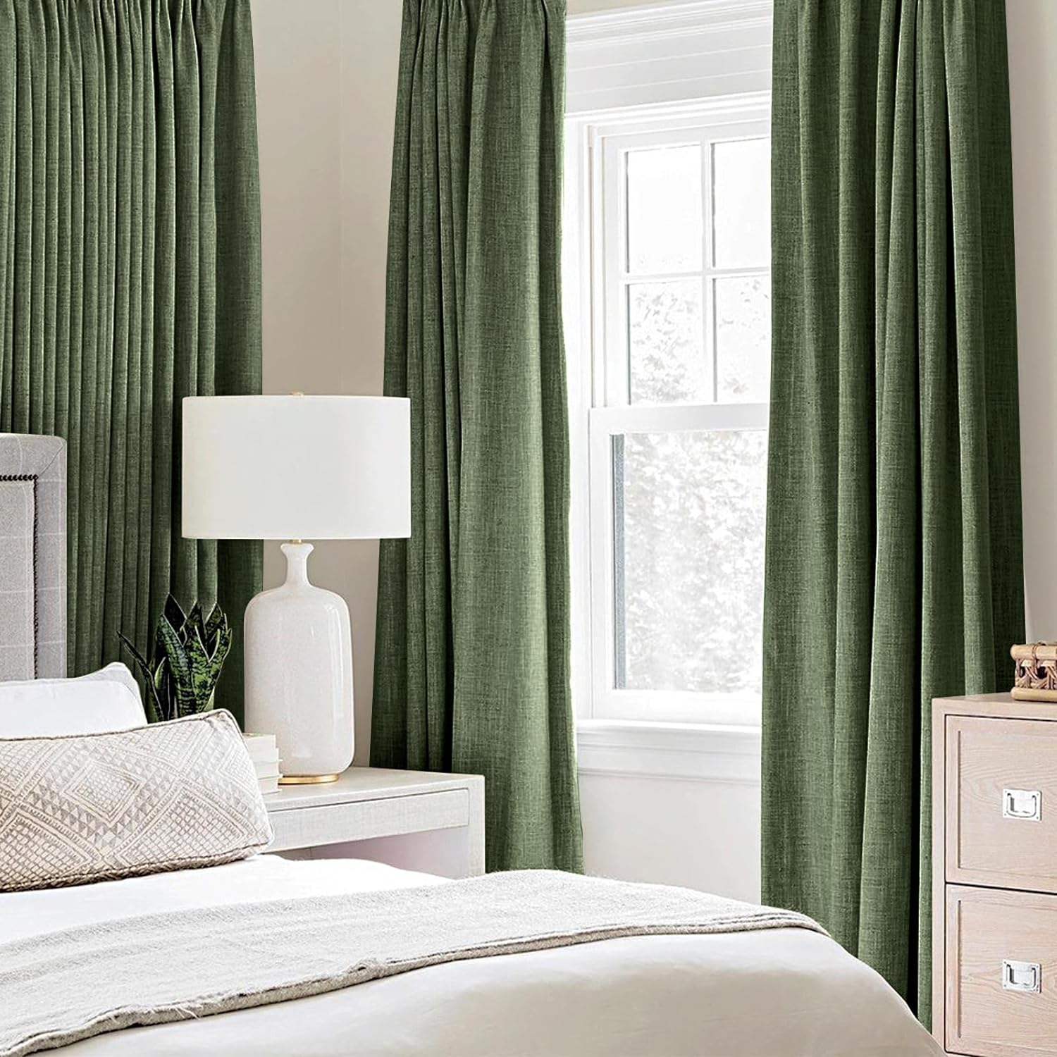 Miulee 100% Blackout Linen Textured Curtains for Bedroom Solid Thermal Insulated Olive Green Grommet Room Darkening Curtains & Drapes Luxur…