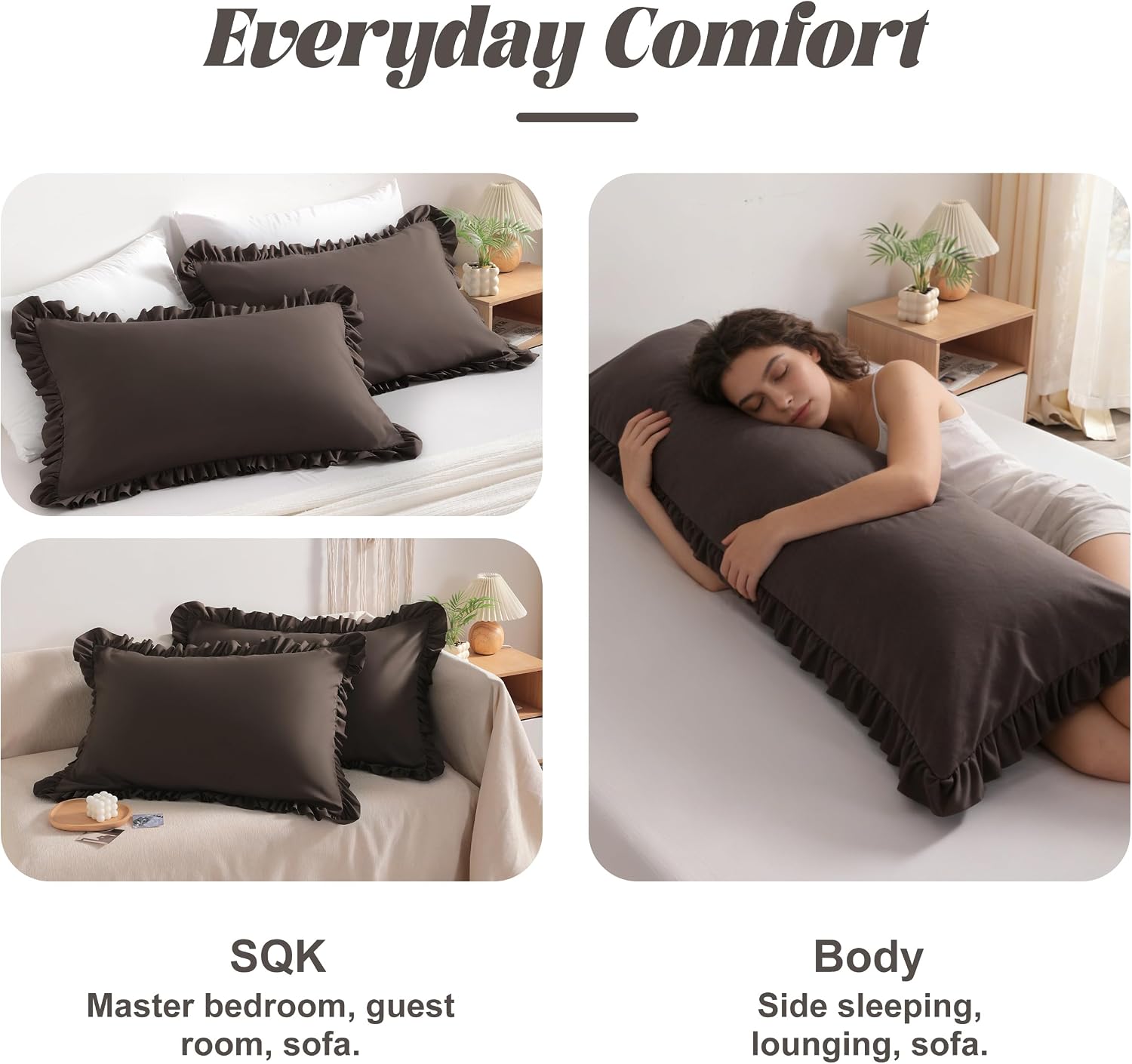 Bedsum Ruffled Pillow Shams King 20x36 Set of 2, Brushed Microfiber Pillowcases with Envelope Closure, Soft Wrinkle-Resistant, Dark Brown