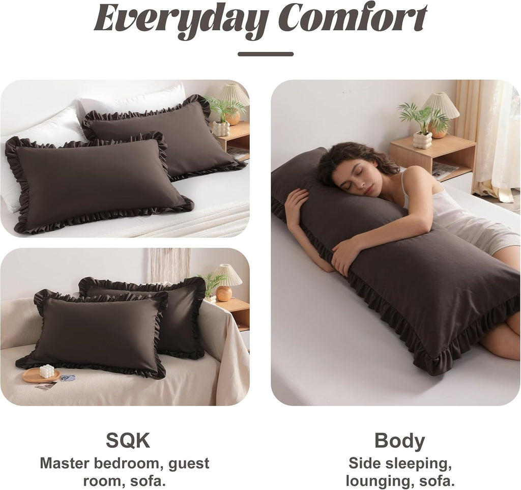 Bedsum Ruffled Pillow Shams Queen 20x30 Set of 2, Brushed Microfiber Pillowcases with Envelope Closure, Soft Wrinkle-Resistant, Dark Brown
