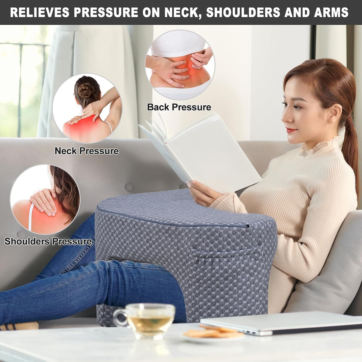 Reading Pillow with 2 Side Pockets, Arm Rest Pillow for Loptop, Memory Foam Reading Pillows for Gaming, Working, Crocheting, Removable and…